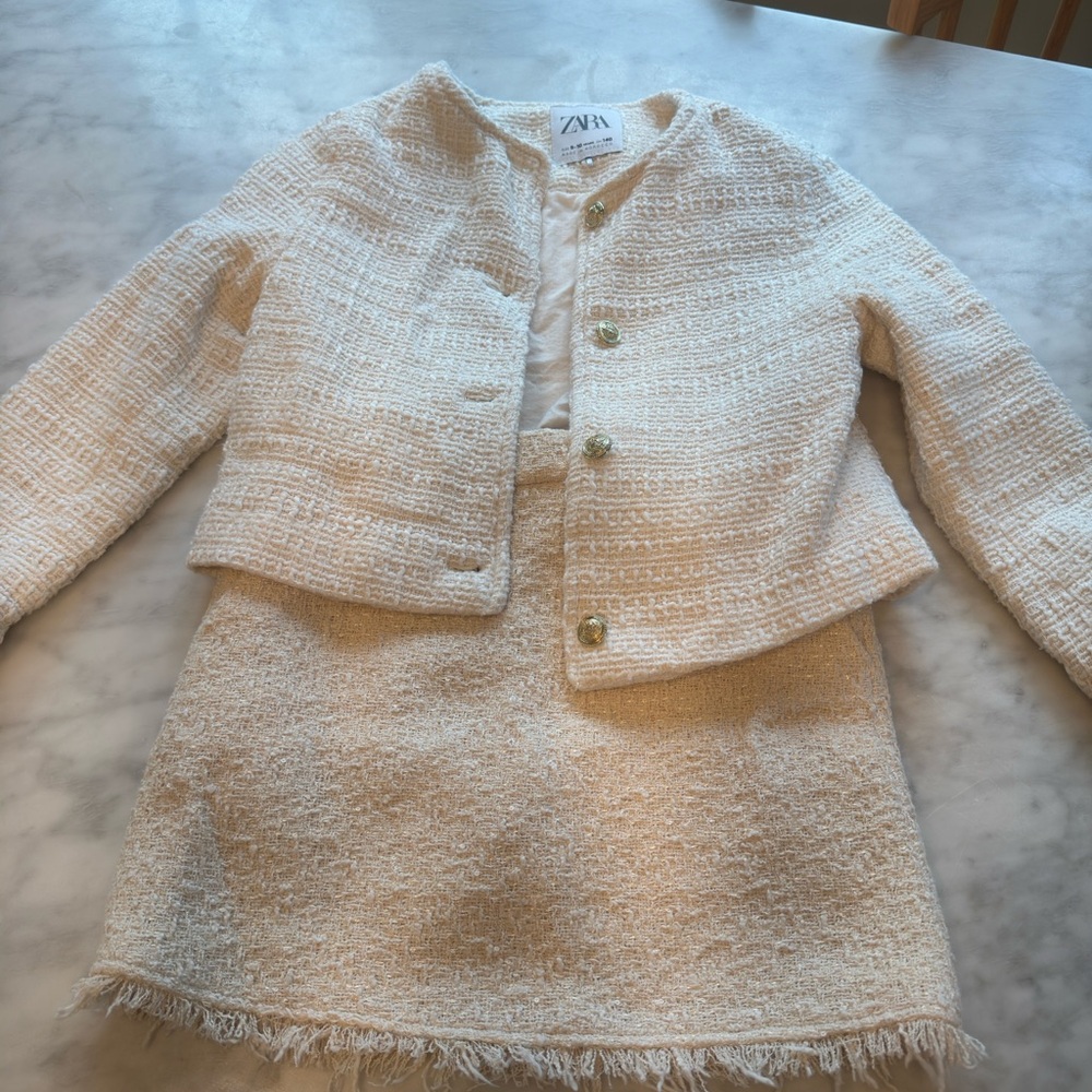 Zara Ivory Textured Jacket and Skirt Ensemble
